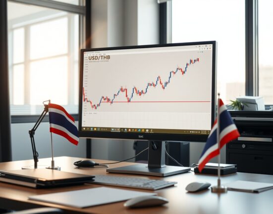 Analyst desk with USD/THB chart and Thai flag, representing Commerzbank's Thai Baht analysis.