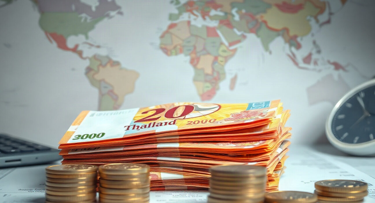 Thai Baht banknotes and coins on a desk with a world map background, representing currency market analysis