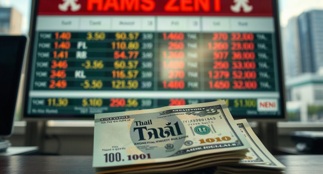 Thai baht and US dollar banknotes with exchange rate board in background