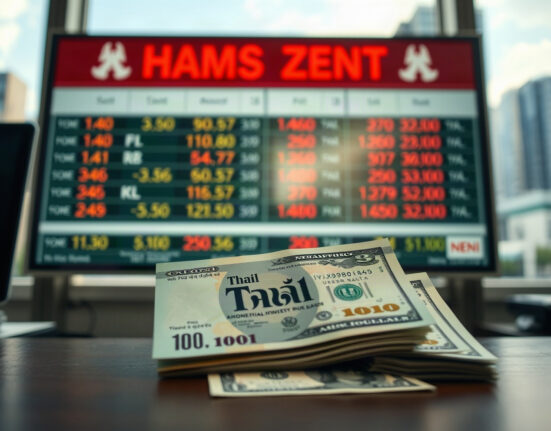 Thai baht and US dollar banknotes with exchange rate board in background