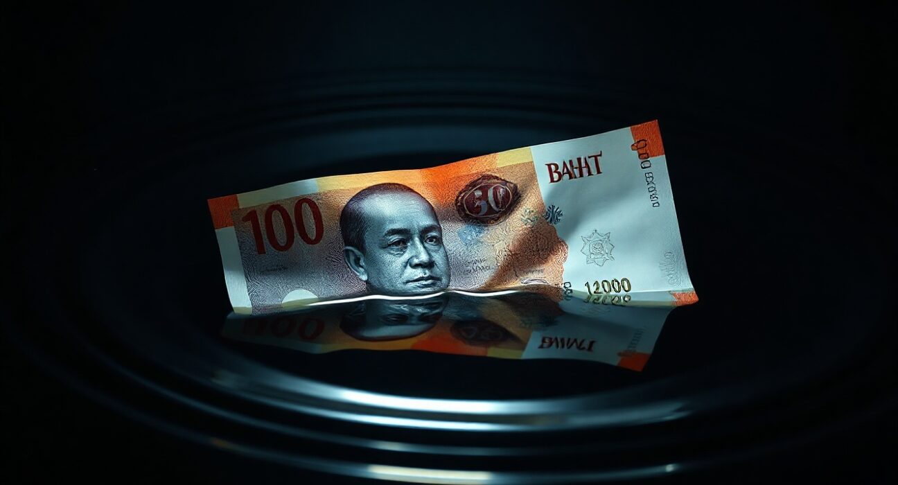 Thai Baht banknote partially submerged in oily water, representing currency vulnerability to energy price shocks.