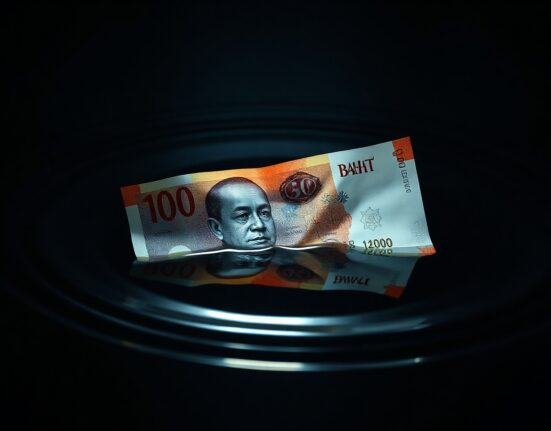 Thai Baht banknote partially submerged in oily water, representing currency vulnerability to energy price shocks.