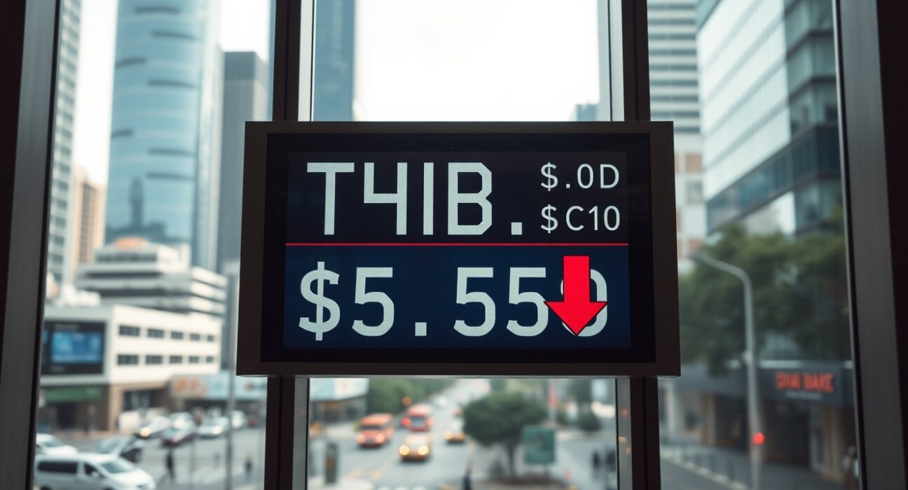 Currency exchange board in Bangkok showing Thai baht under pressure against US dollar with downward arrow