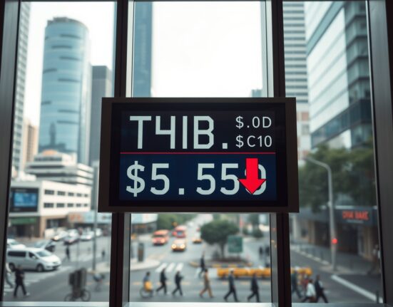 Currency exchange board in Bangkok showing Thai baht under pressure against US dollar with downward arrow