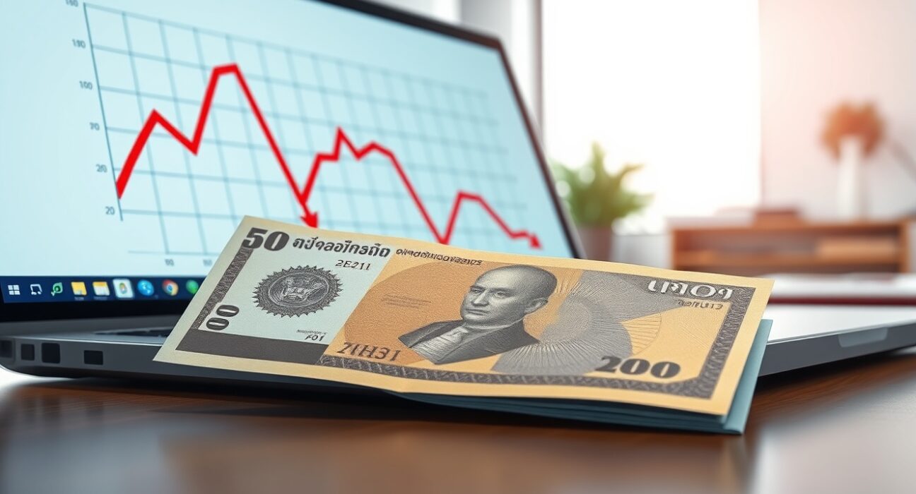 Thai Baht banknote and downward-trending chart illustrating economic pressure analysis.