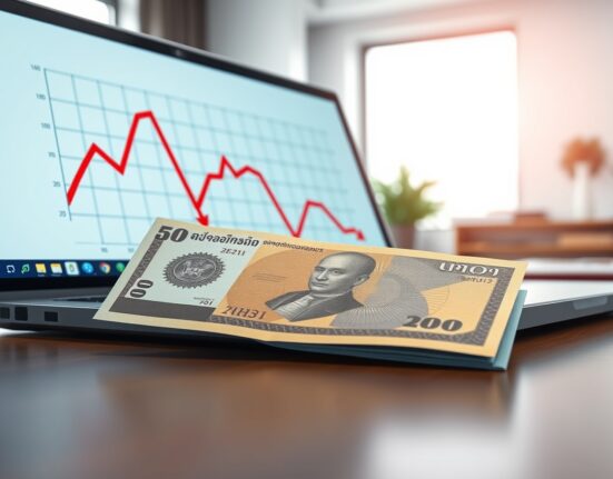 Thai Baht banknote and downward-trending chart illustrating economic pressure analysis.