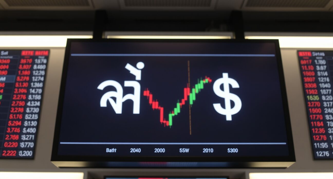 Thai baht and US dollar symbols on a forex trading screen with price charts
