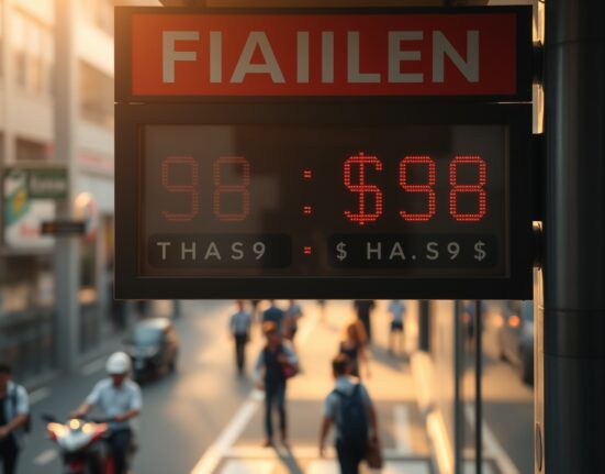 Currency exchange board in Bangkok showing Thai Baht and US Dollar rates