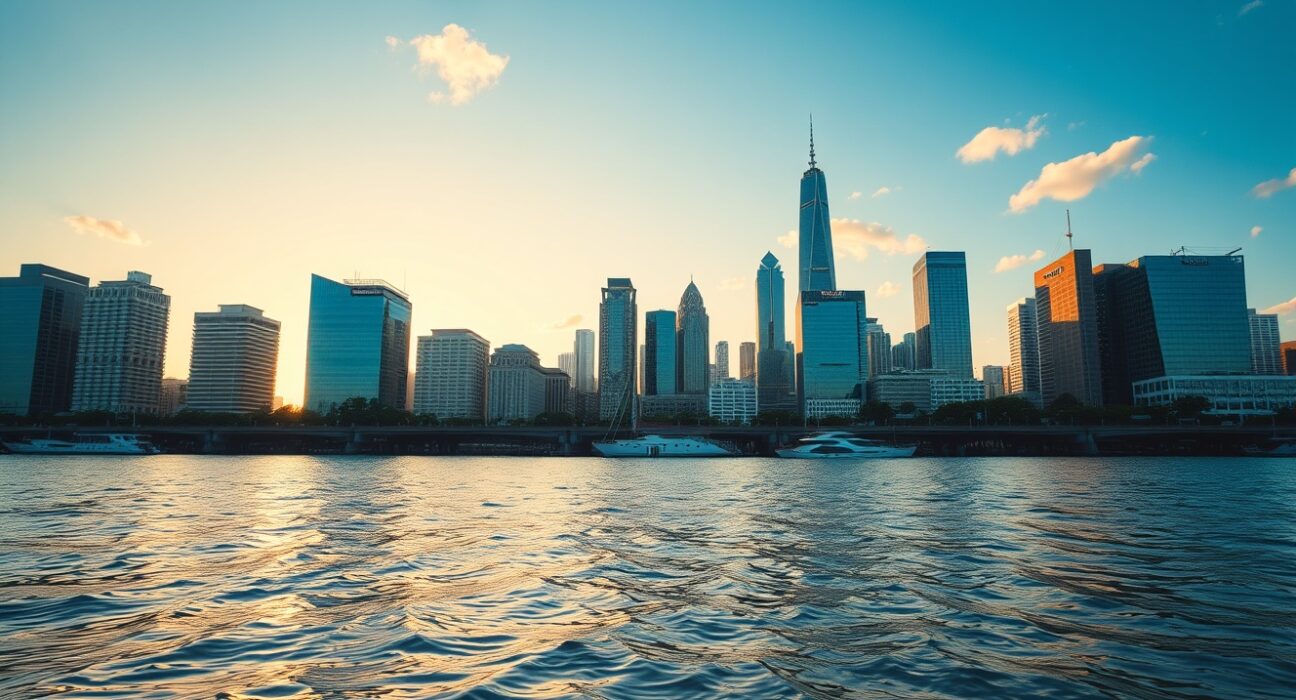 Bangkok skyline at golden hour with Chao Phraya River, representing Thai currency market stability.