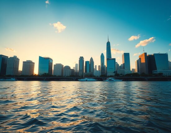 Bangkok skyline at golden hour with Chao Phraya River, representing Thai currency market stability.