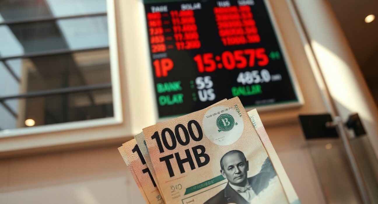 Thai baht banknotes and exchange rate board in Bangkok