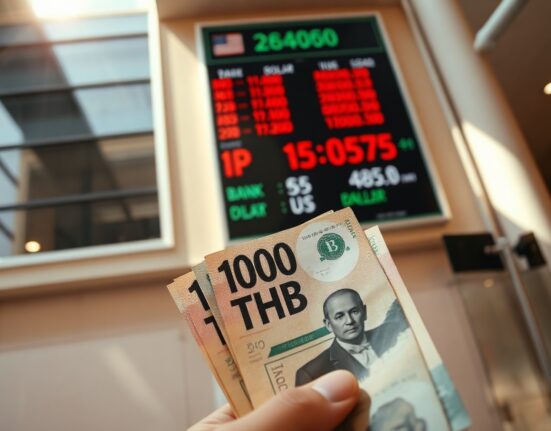 Thai baht banknotes and exchange rate board in Bangkok