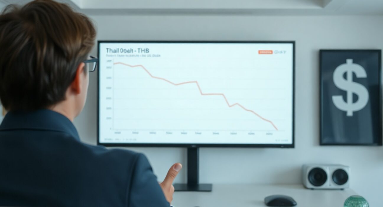 Financial analyst reviewing a Thai baht exchange rate chart showing a decline, with MUFG analysis on screen.