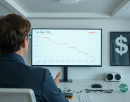 Financial analyst reviewing a Thai baht exchange rate chart showing a decline, with MUFG analysis on screen.