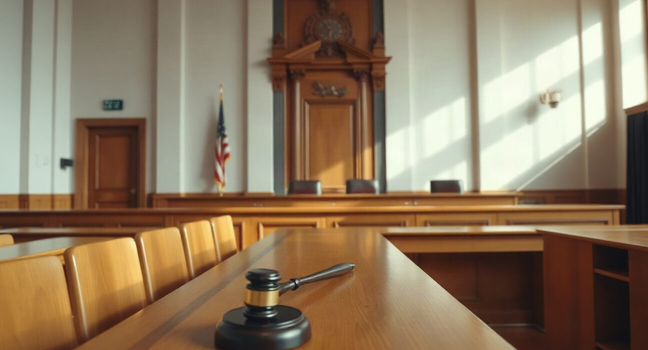 A courtroom with a judge's bench and gavel, symbolizing the legal dispute over a USDT freeze.