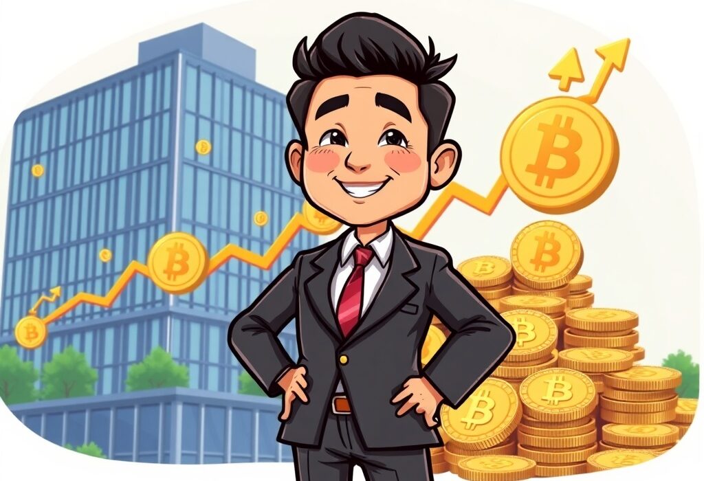 Cartoon illustration showing a Thai executive celebrating a significant Thai firm Bitcoin purchase, symbolizing a major cryptocurrency investment.