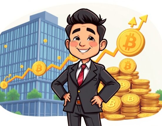 Cartoon illustration showing a Thai executive celebrating a significant Thai firm Bitcoin purchase, symbolizing a major cryptocurrency investment.