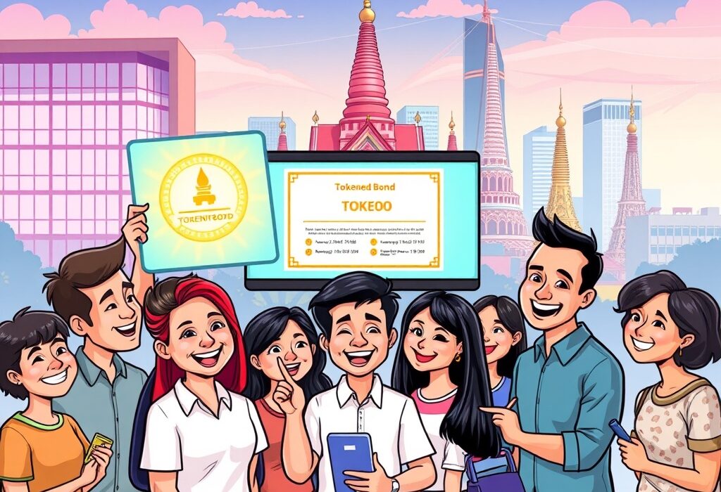 A cartoon illustration of a digital bond certificate with the Thai flag and citizens celebrating new investment opportunities from the Thai government tokenized bond.