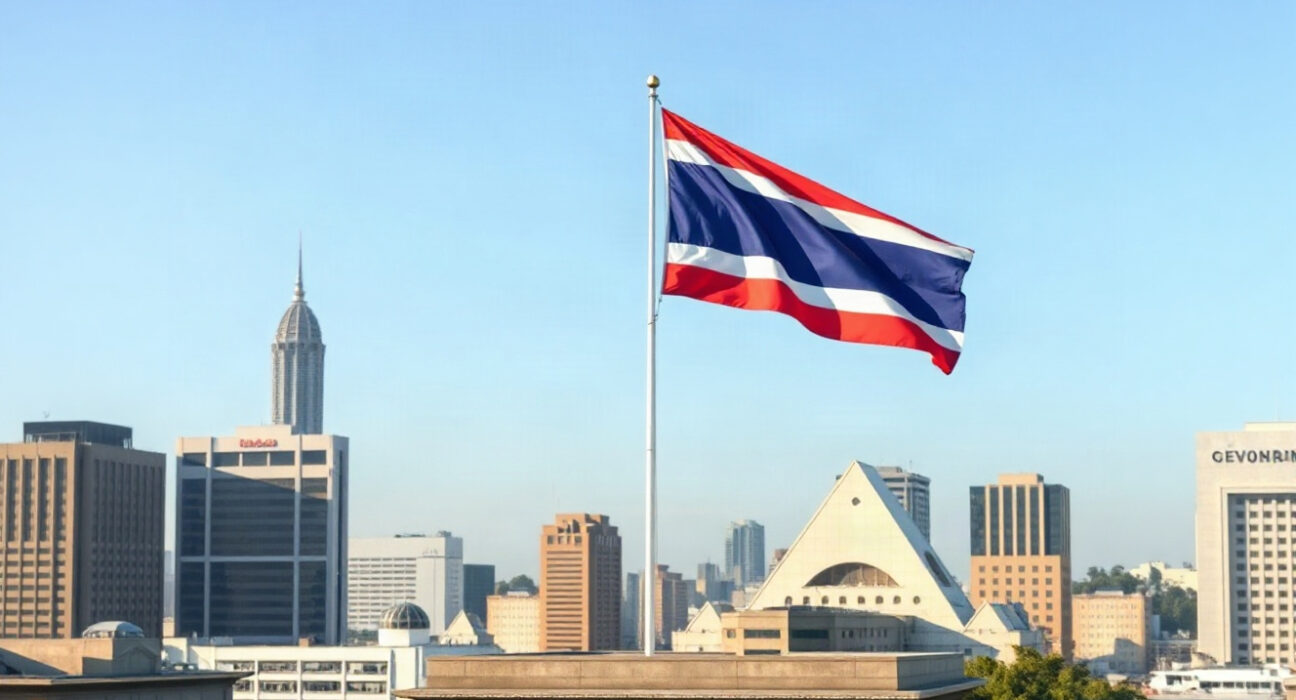 Thai government building with national flag in Bangkok, symbolizing legislative approval of financial market amendments.