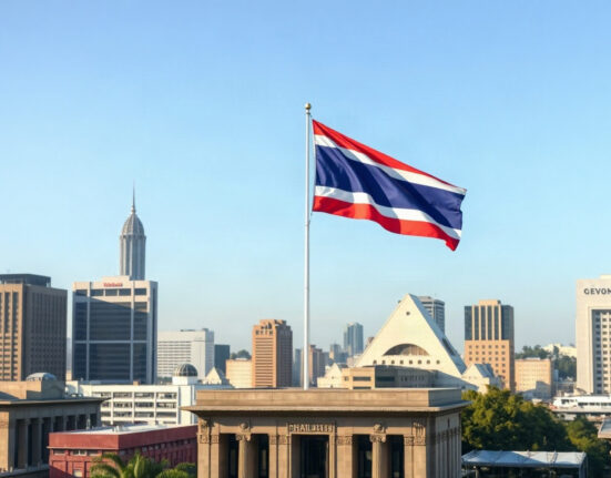 Thai government building with national flag in Bangkok, symbolizing legislative approval of financial market amendments.