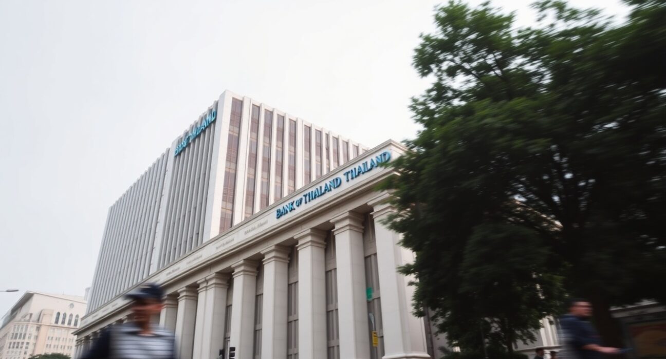 Bank of Thailand headquarters building in Bangkok on an overcast day, representing stable monetary policy.