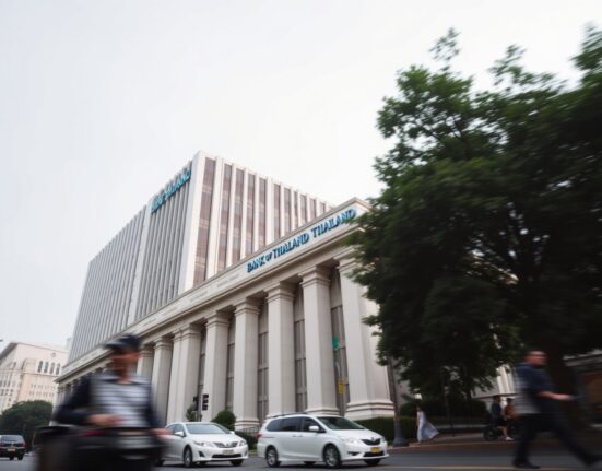 Bank of Thailand headquarters building in Bangkok on an overcast day, representing stable monetary policy.