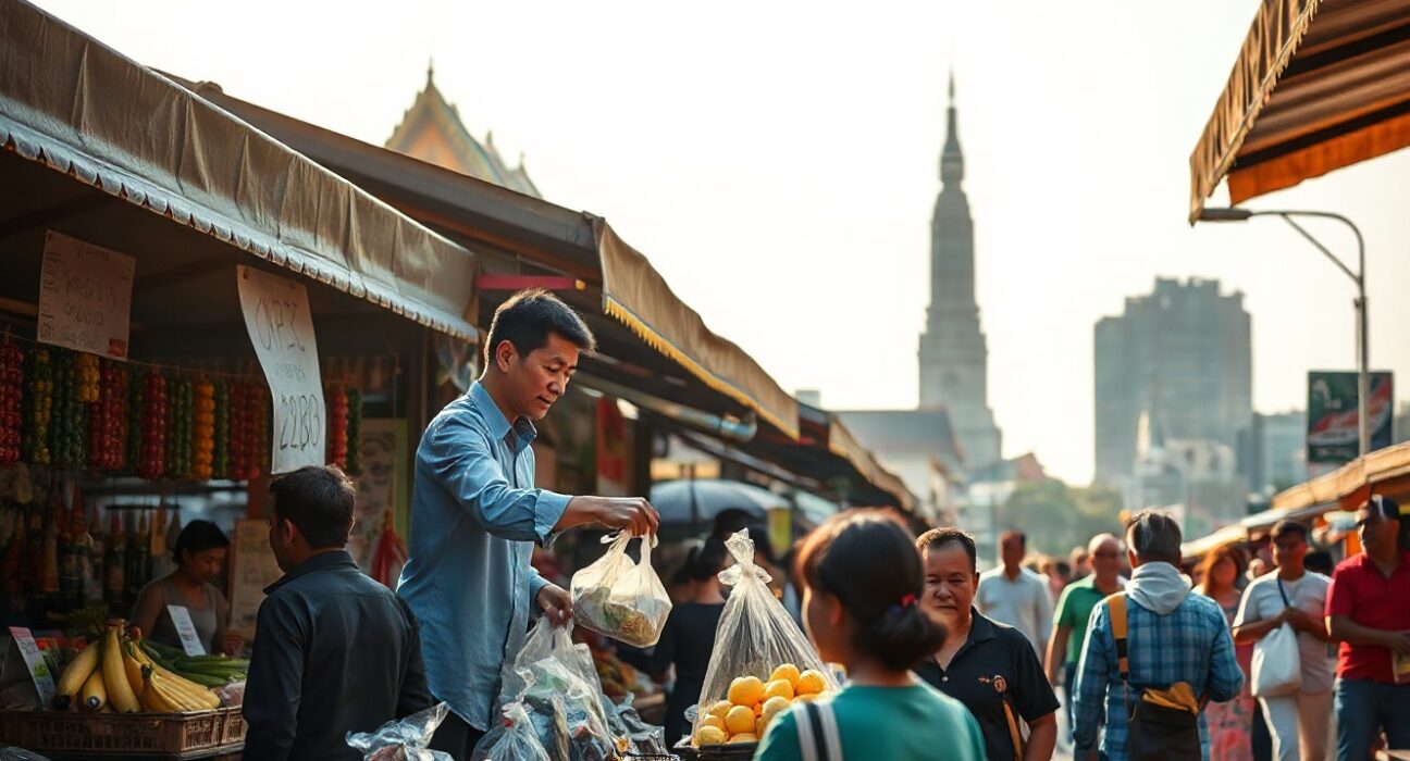 Bangkok street market with shoppers and vendors under hazy sky, illustrating economic activity
