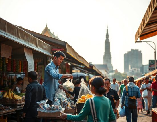 Bangkok street market with shoppers and vendors under hazy sky, illustrating economic activity