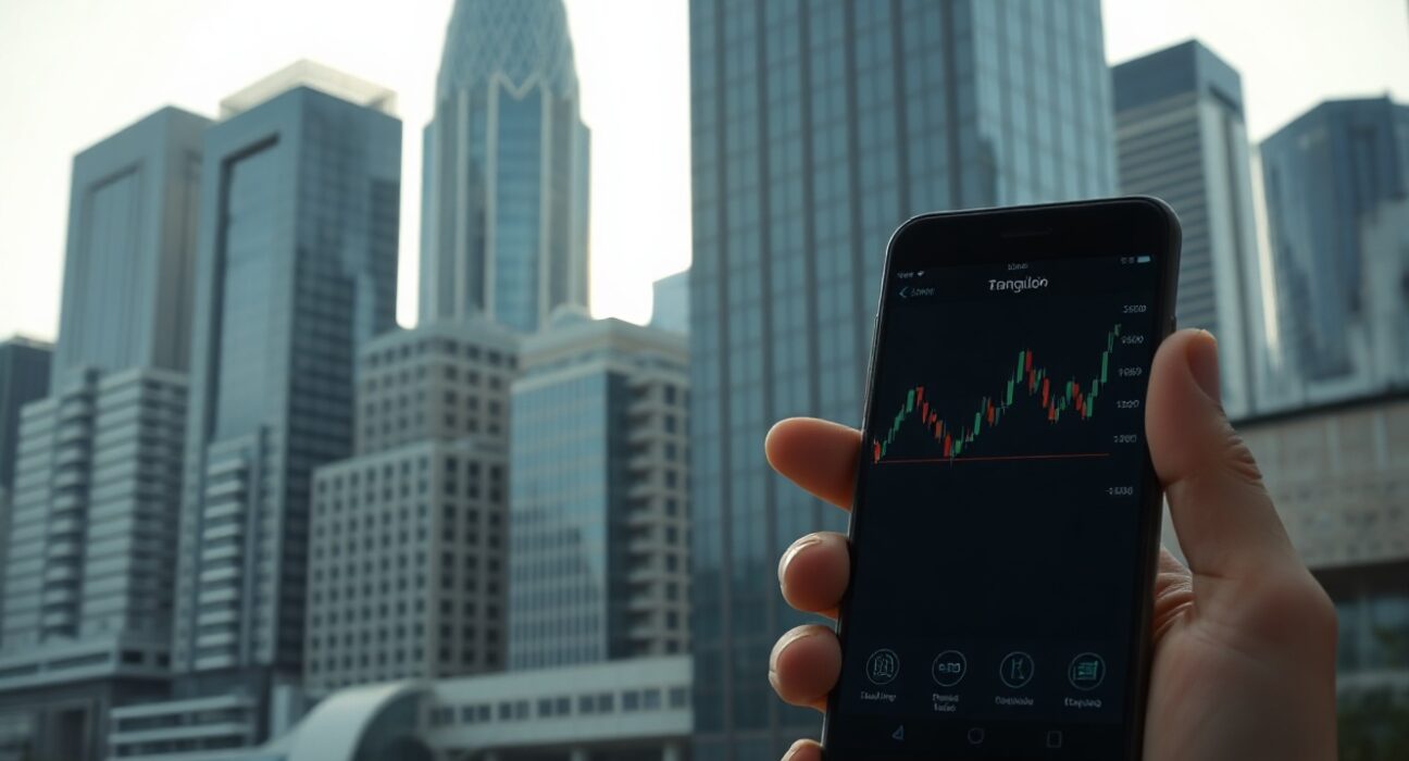 Bangkok skyline with a smartphone displaying a crypto trading chart, symbolizing Thailand's new tax policy