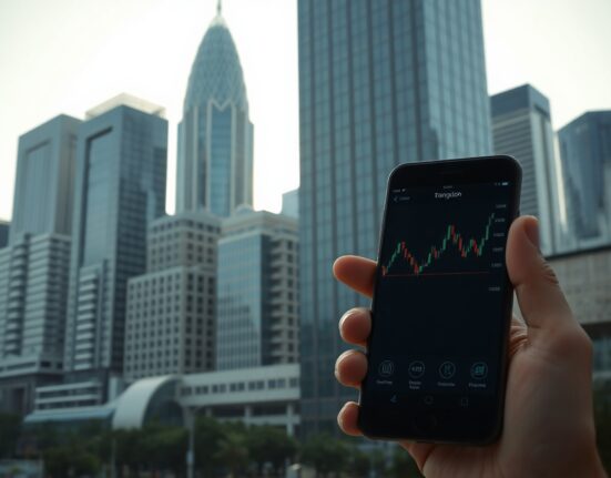 Bangkok skyline with a smartphone displaying a crypto trading chart, symbolizing Thailand's new tax policy