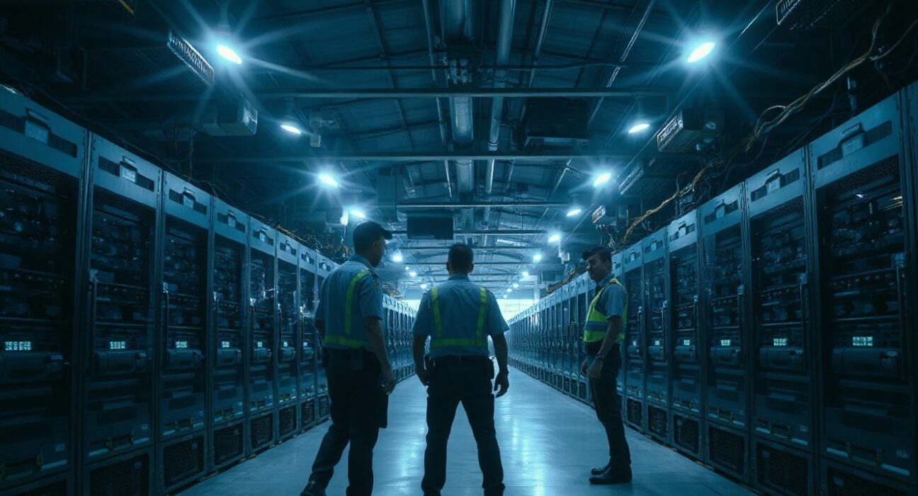 Thai law enforcement officers inspecting seized cryptocurrency mining rigs in a warehouse.
