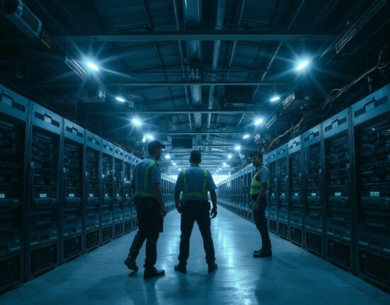 Thai law enforcement officers inspecting seized cryptocurrency mining rigs in a warehouse.
