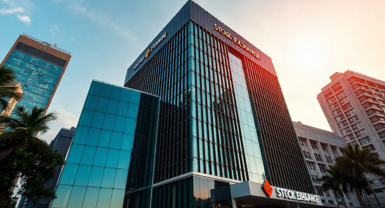 Stock Exchange of Thailand building with digital Bitcoin and Ethereum symbols in the sky, representing crypto ETF approval.