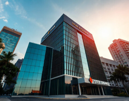 Stock Exchange of Thailand building with digital Bitcoin and Ethereum symbols in the sky, representing crypto ETF approval.