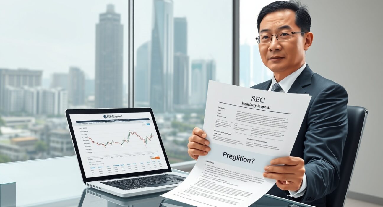 Thai SEC regulator reviewing cryptocurrency futures trading license reform documents in Bangkok office