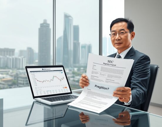 Thai SEC regulator reviewing cryptocurrency futures trading license reform documents in Bangkok office