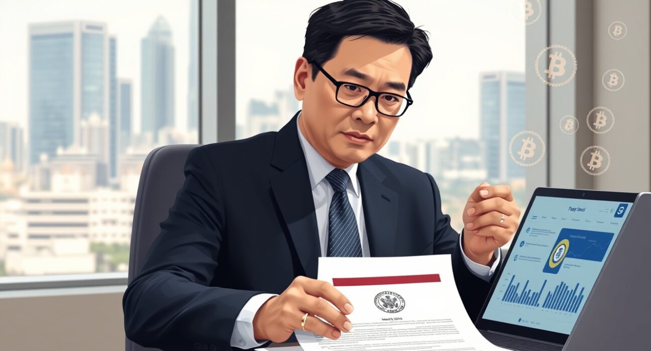 Thailand SEC official reviewing cryptocurrency regulatory documents in Bangkok office setting