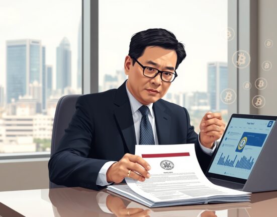 Thailand SEC official reviewing cryptocurrency regulatory documents in Bangkok office setting