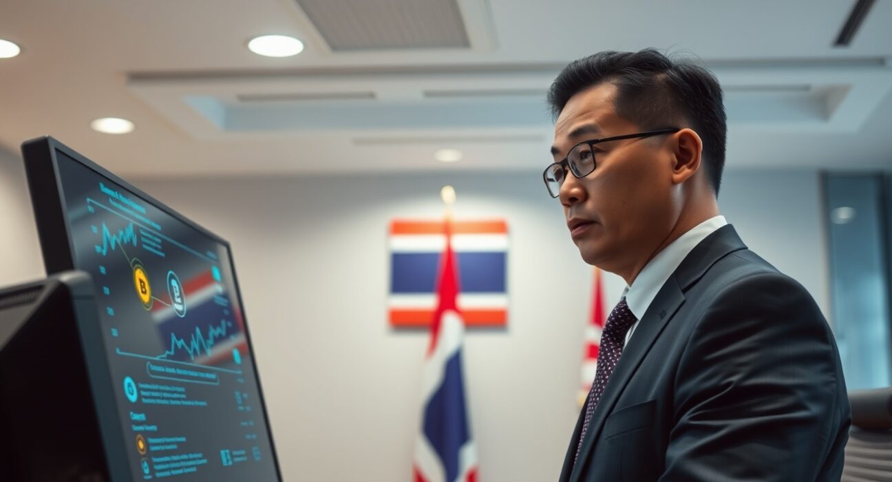 Thai financial regulator reviewing digital transaction data on a screen in a modern office