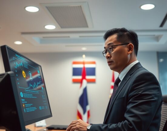 Thai financial regulator reviewing digital transaction data on a screen in a modern office