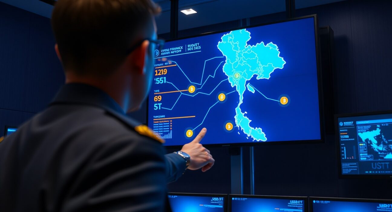 Thai central bank official monitoring USDT stablecoin transactions on a large screen in a surveillance control room