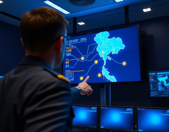 Thai central bank official monitoring USDT stablecoin transactions on a large screen in a surveillance control room