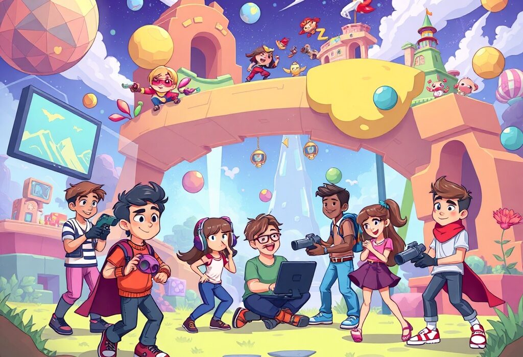 Cartoon avatars exploring and building in The Sandbox Game Maker, illustrating the new multiplayer and creative tools.