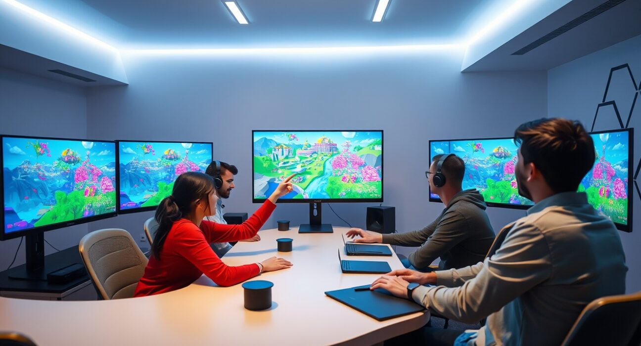 Game developers collaborating in a modern studio with voxel-based metaverse environments on large monitors.