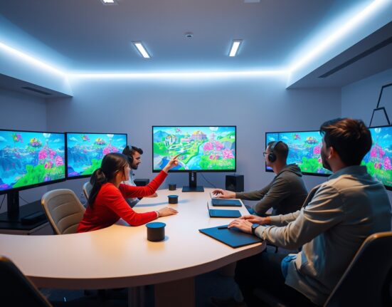Game developers collaborating in a modern studio with voxel-based metaverse environments on large monitors.