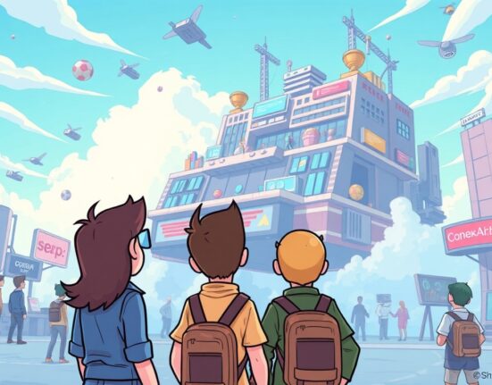 A cartoon illustration depicting a major organizational restructuring at The Sandbox, with a focus on leadership changes and workforce adjustments.