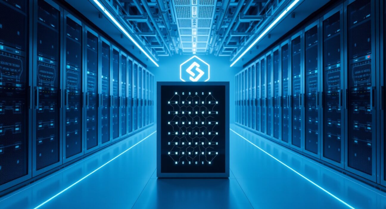 Modern data center with holographic Solana network lines representing AI infrastructure funding