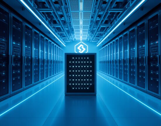 Modern data center with holographic Solana network lines representing AI infrastructure funding