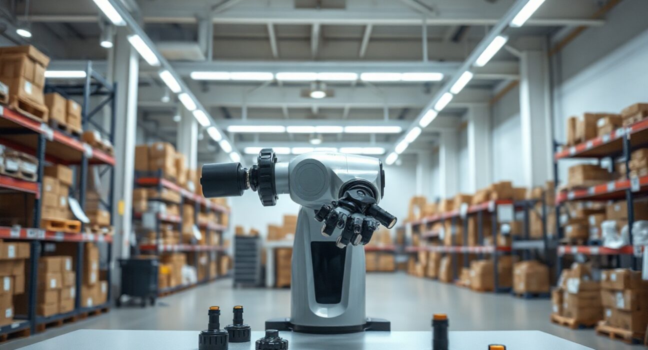 A reconfigurable robotic arm in a modern warehouse, with interchangeable grippers nearby, representing Theker's generalist automation approach.
