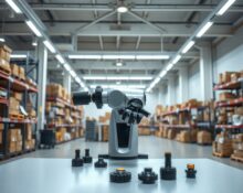 A reconfigurable robotic arm in a modern warehouse, with interchangeable grippers nearby, representing Theker's generalist automation approach.
